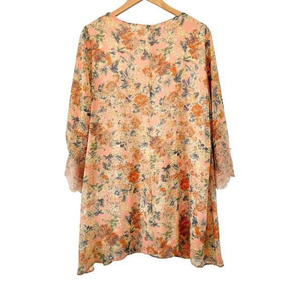 ASTR Anthropologie"the label" Peach Floral Bell Sleeves Lace Trim Mini Dress - Picture 3 of 8